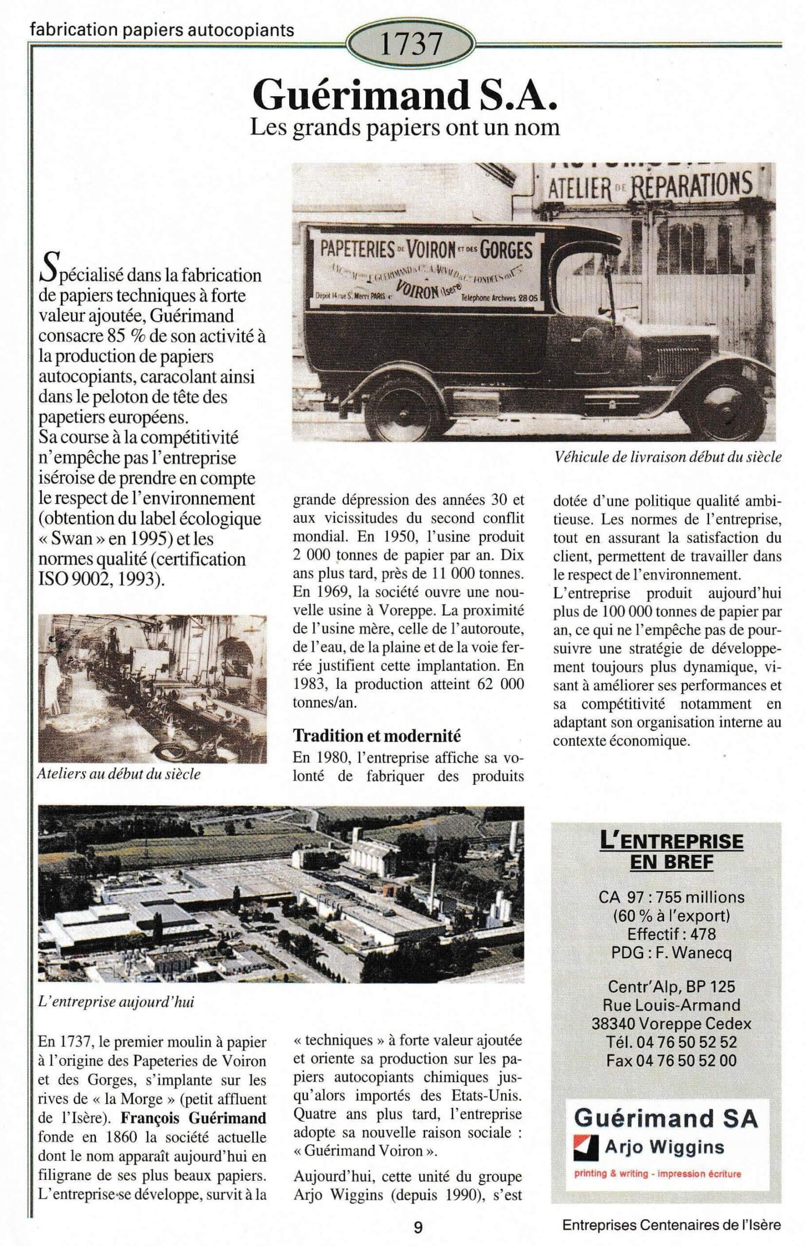 Guérimand - fiche du supplément "Entreprises centenaires en Isère", publié par Les affiches de Grenoble et du Dauphiné, juin 1998.