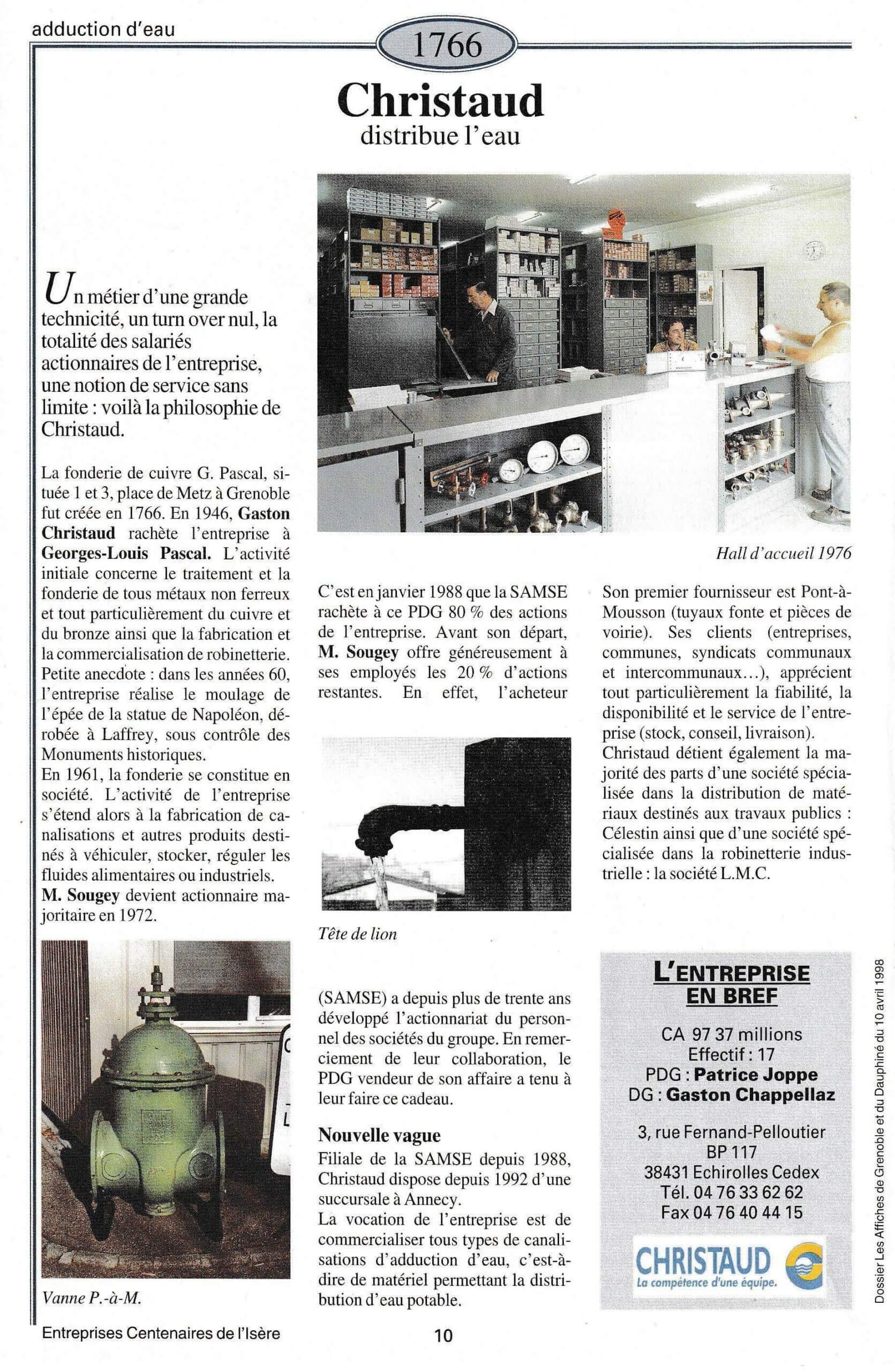 Christaud - fiche du supplément "Entreprises centenaires en Isère", publié par Les affiches de Grenoble et du Dauphiné, juin 1998.