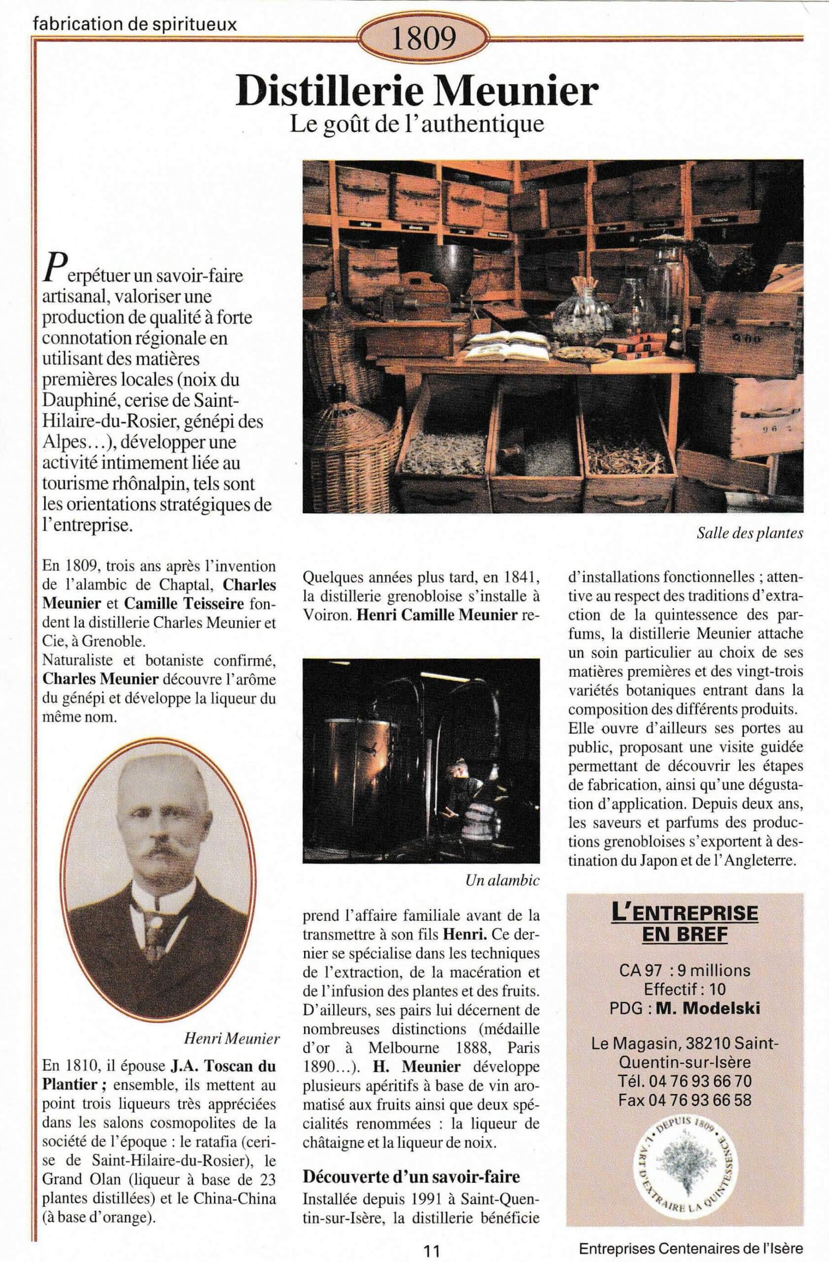 Distillerie Meunier - fiche du supplément "Entreprises centenaires en Isère", publié par Les affiches de Grenoble et du Dauphiné, juin 1998.