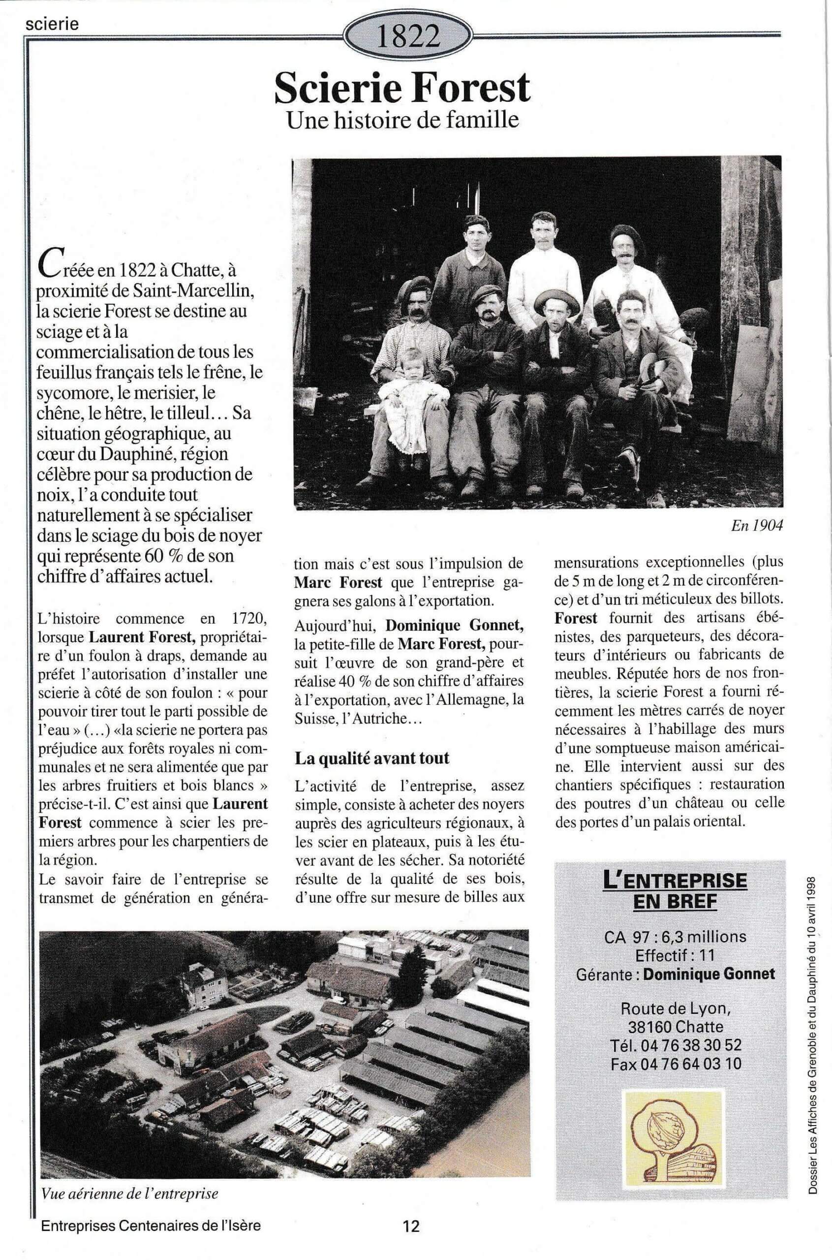 Scierie Forest - fiche du supplément "Entreprises centenaires en Isère", publié par Les affiches de Grenoble et du Dauphiné, juin 1998.