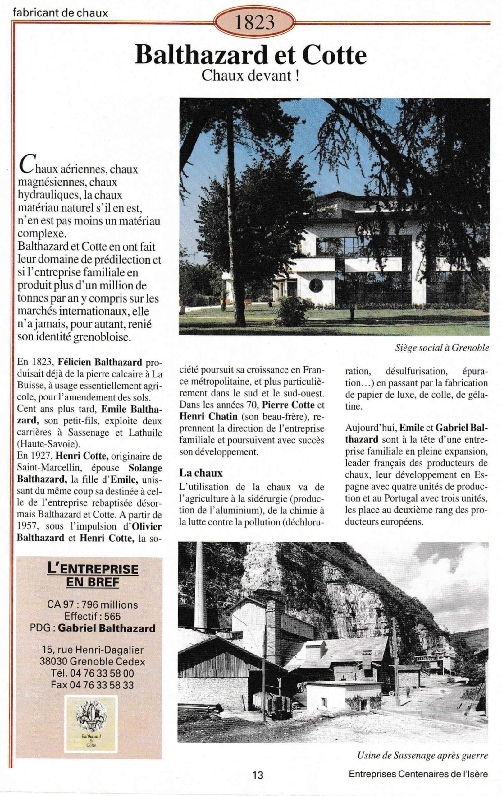 Balthazard et Cotte - fiche du supplément "Entreprises centenaires en Isère", publié par Les affiches de Grenoble et du Dauphiné, juin 1998.