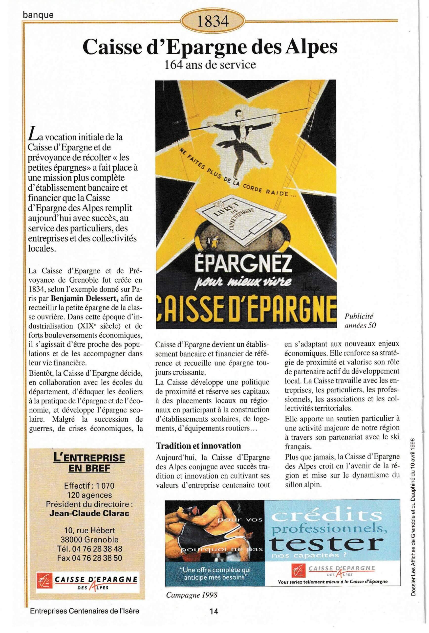 Caisse d'Epargne des Alpes - - fiche du supplément "Entreprises centenaires en Isère", publié par Les affiches de Grenoble et du Dauphiné, juin 1998.