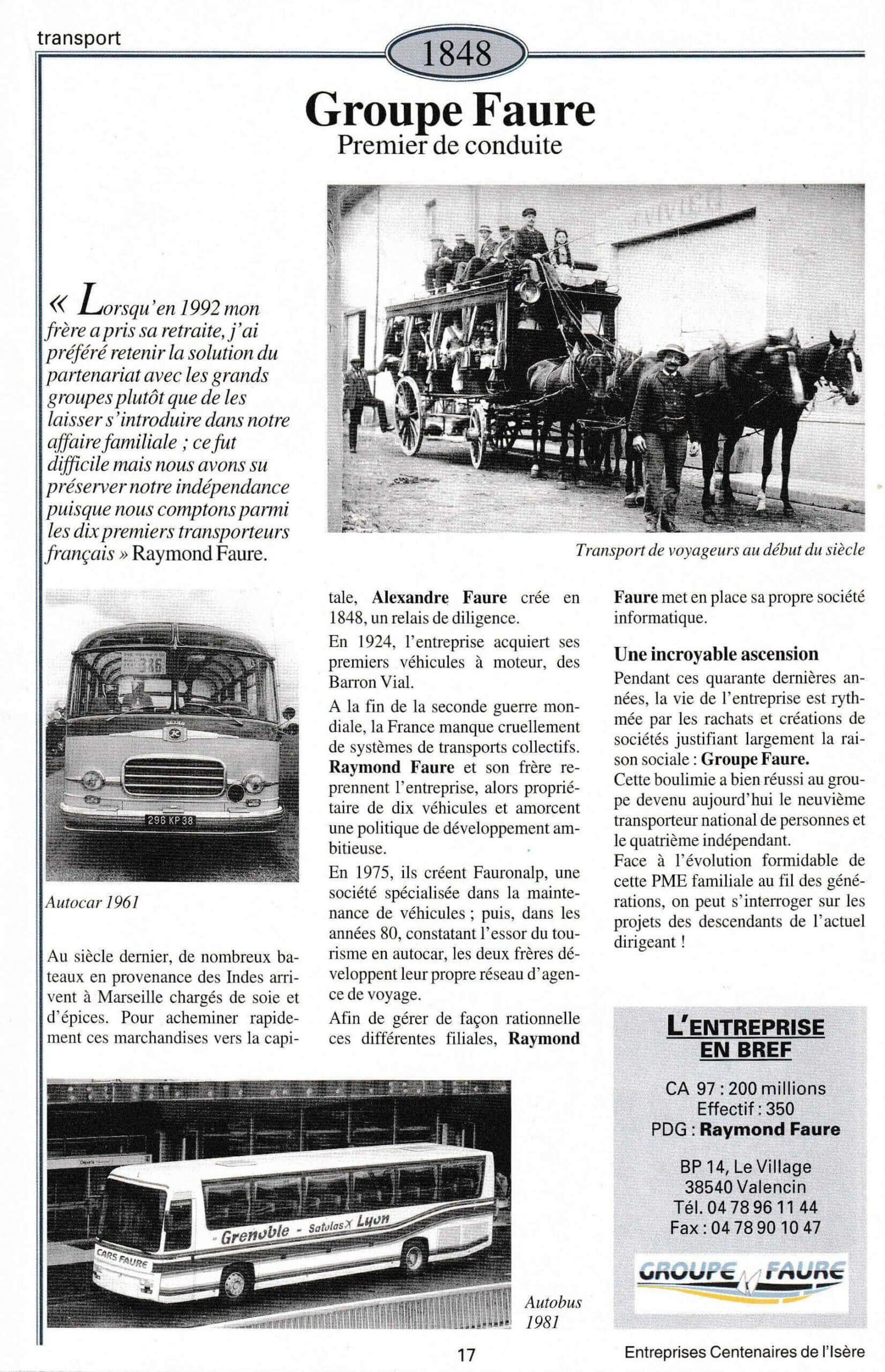 Groupe Faure - fiche du supplément "Entreprises centenaires en Isère", publié par Les affiches de Grenoble et du Dauphiné, juin 1998.