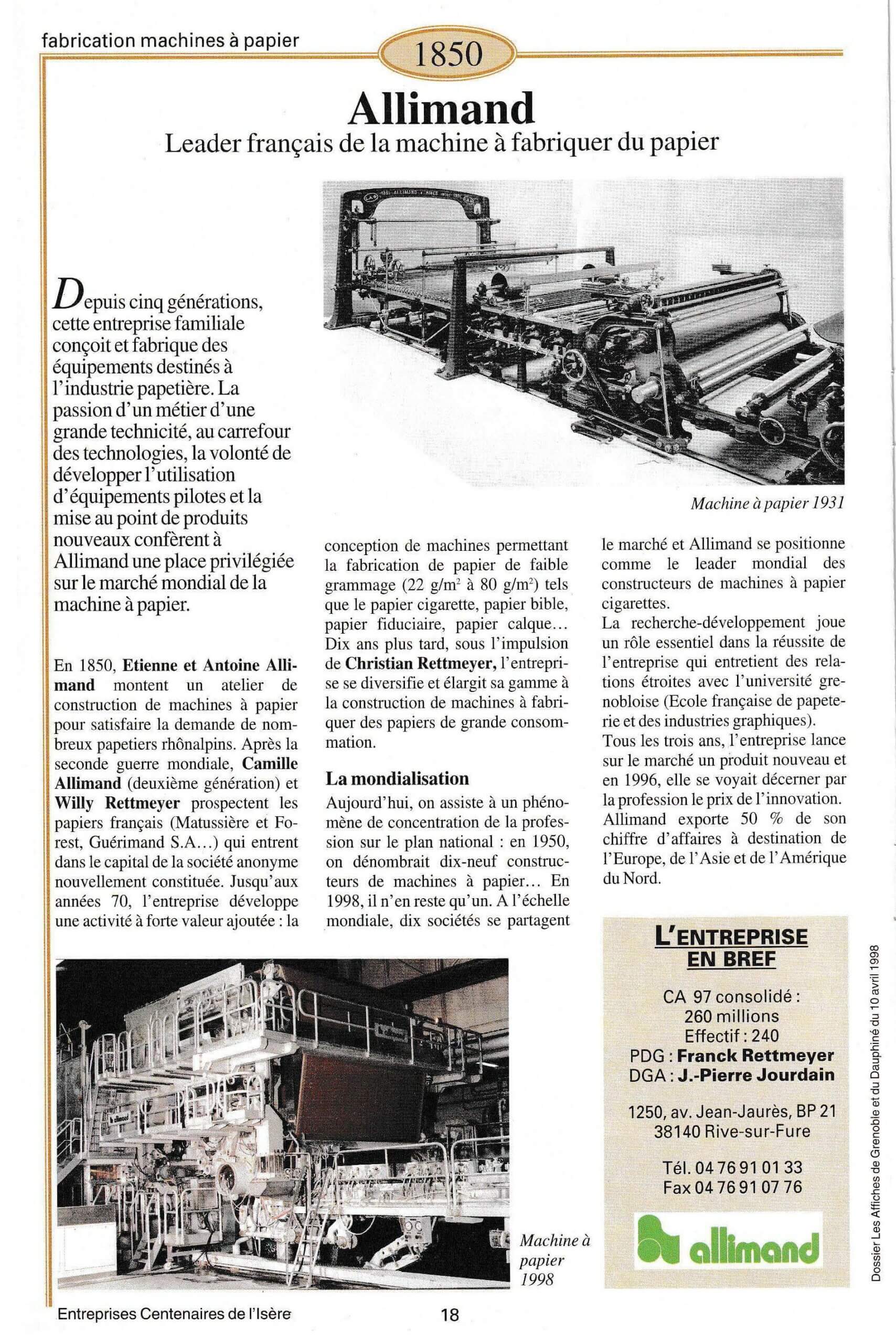 Allimand - fiche du supplément "Entreprises centenaires en Isère", publié par Les affiches de Grenoble et du Dauphiné, juin 1998.