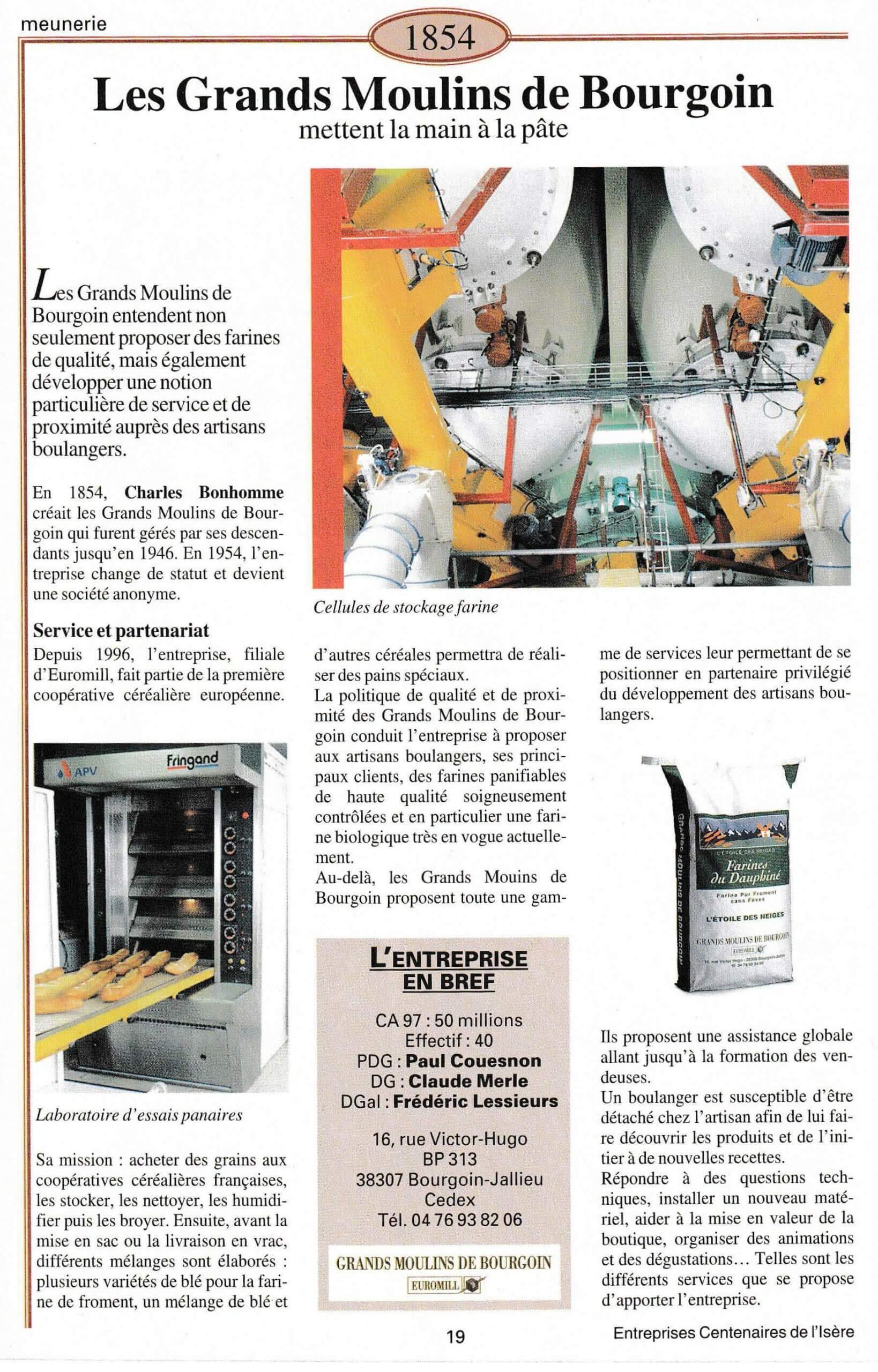 Les Grands Moulins de Bourgoin - fiche du supplément "Entreprises centenaires en Isère", publié par Les affiches de Grenoble et du Dauphiné, juin 1998.