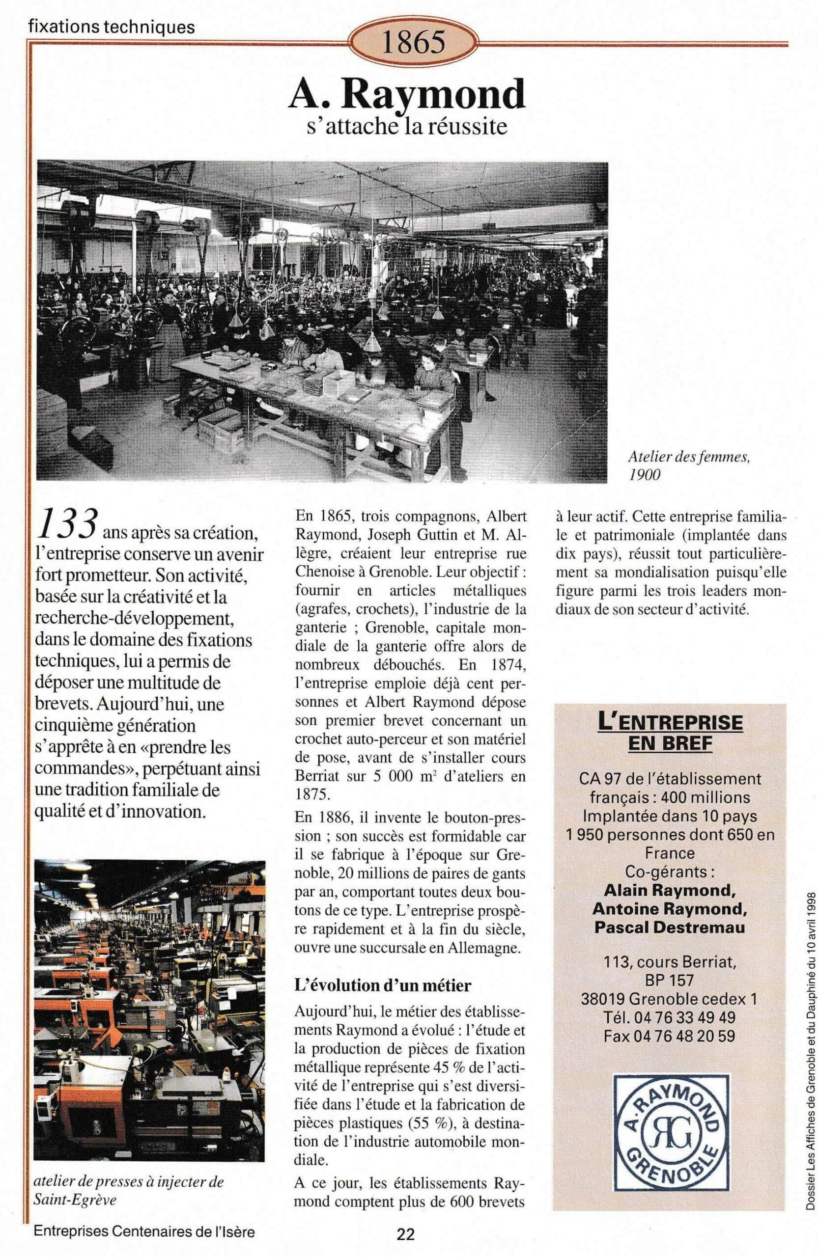 ARaymond - fiche du supplément "Entreprises centenaires en Isère", publié par Les affiches de Grenoble et du Dauphiné, juin 1998.