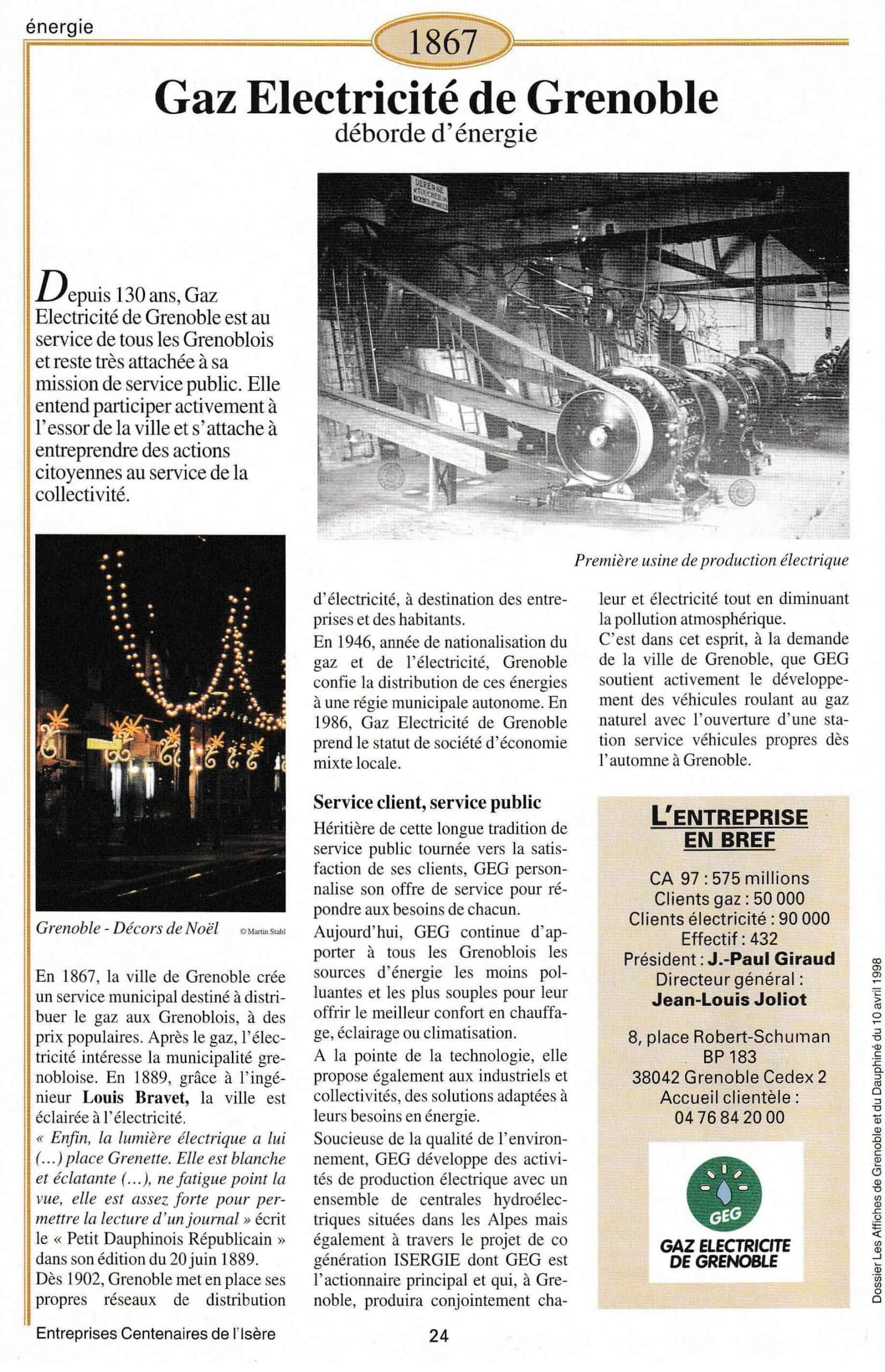 Gaz Electricité de Grenoble - fiche du supplément "Entreprises centenaires en Isère", publié par Les affiches de Grenoble et du Dauphiné, juin 1998.