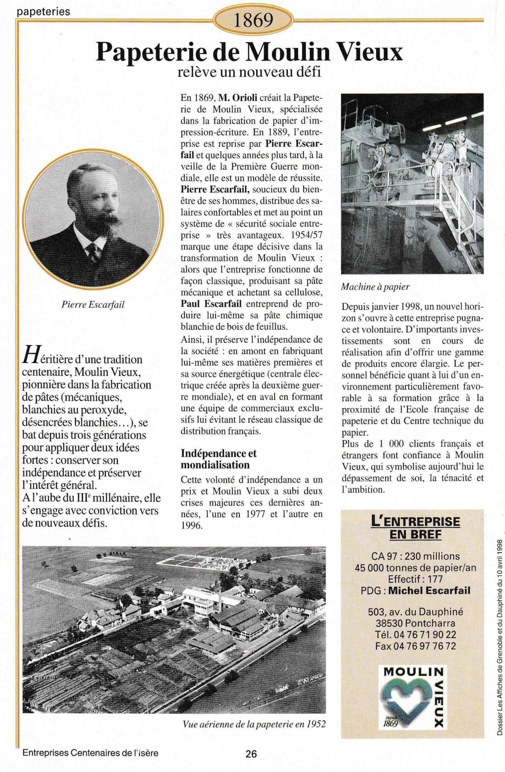 Papeterie de Moulin Vieux - fiche du supplément "Entreprises centenaires en Isère", publié par Les affiches de Grenoble et du Dauphiné, juin 1998.