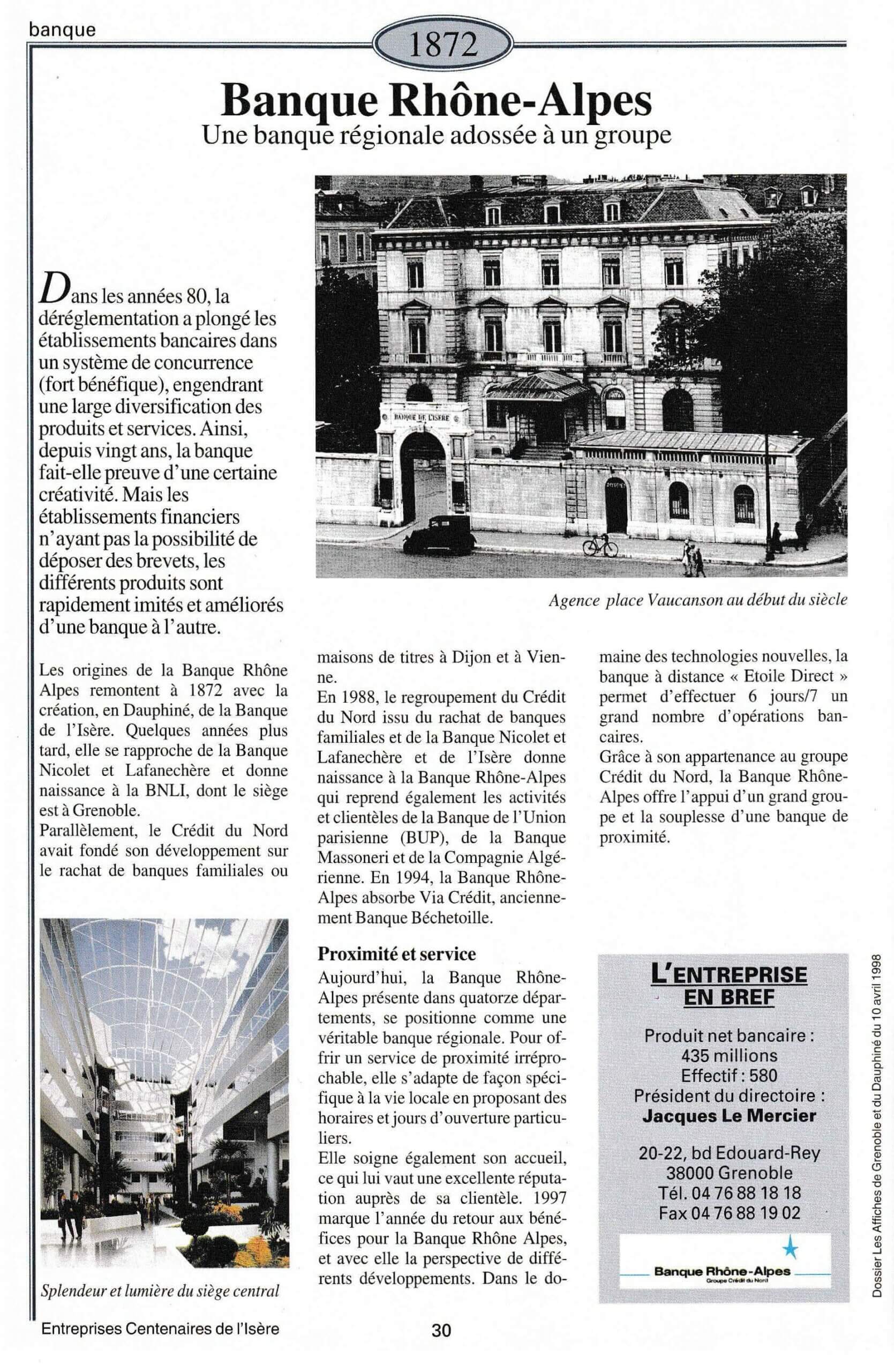 Banque Rhône Alpes - fiche du supplément "Entreprises centenaires en Isère", publié par Les affiches de Grenoble et du Dauphiné, juin 1998.