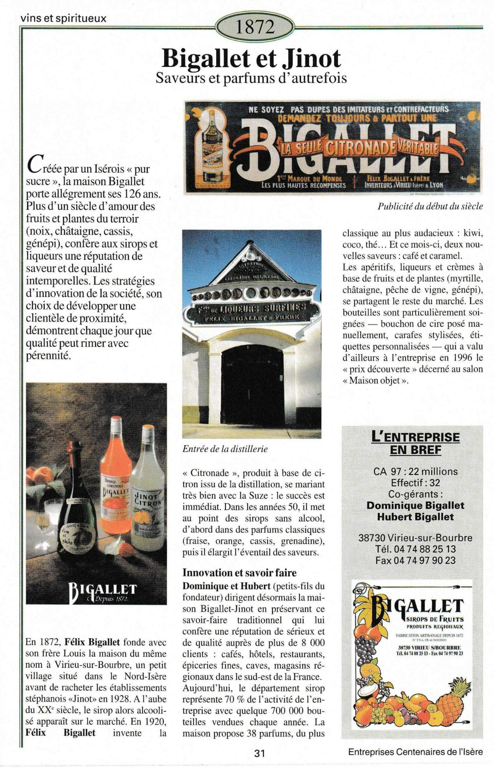 Bigallet et Ginot - fiche du supplément "Entreprises centenaires en Isère", publié par Les affiches de Grenoble et du Dauphiné, juin 1998.