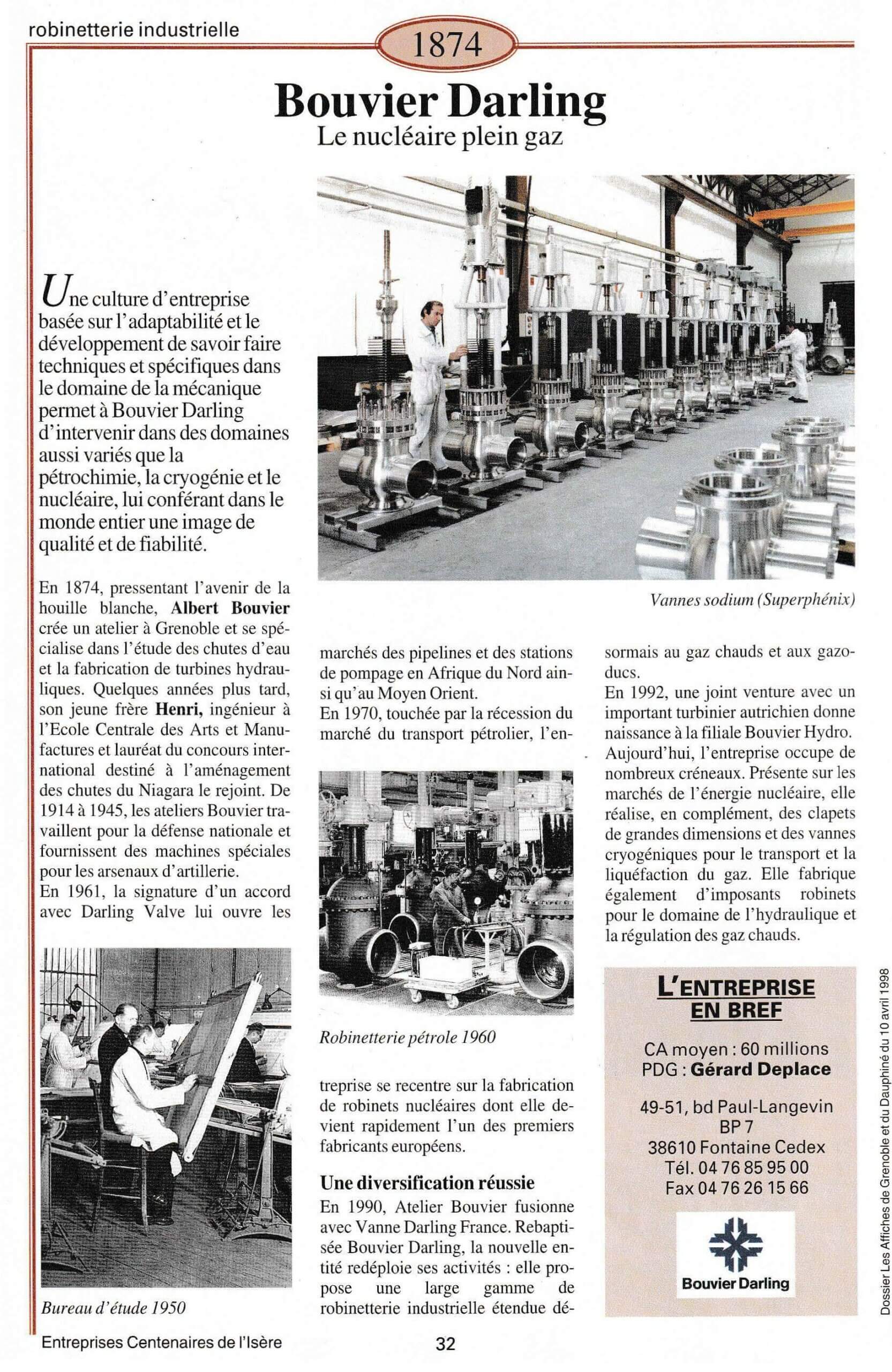Bouvier Darling - fiche du supplément "Entreprises centenaires en Isère", publié par Les affiches de Grenoble et du Dauphiné, juin 1998.