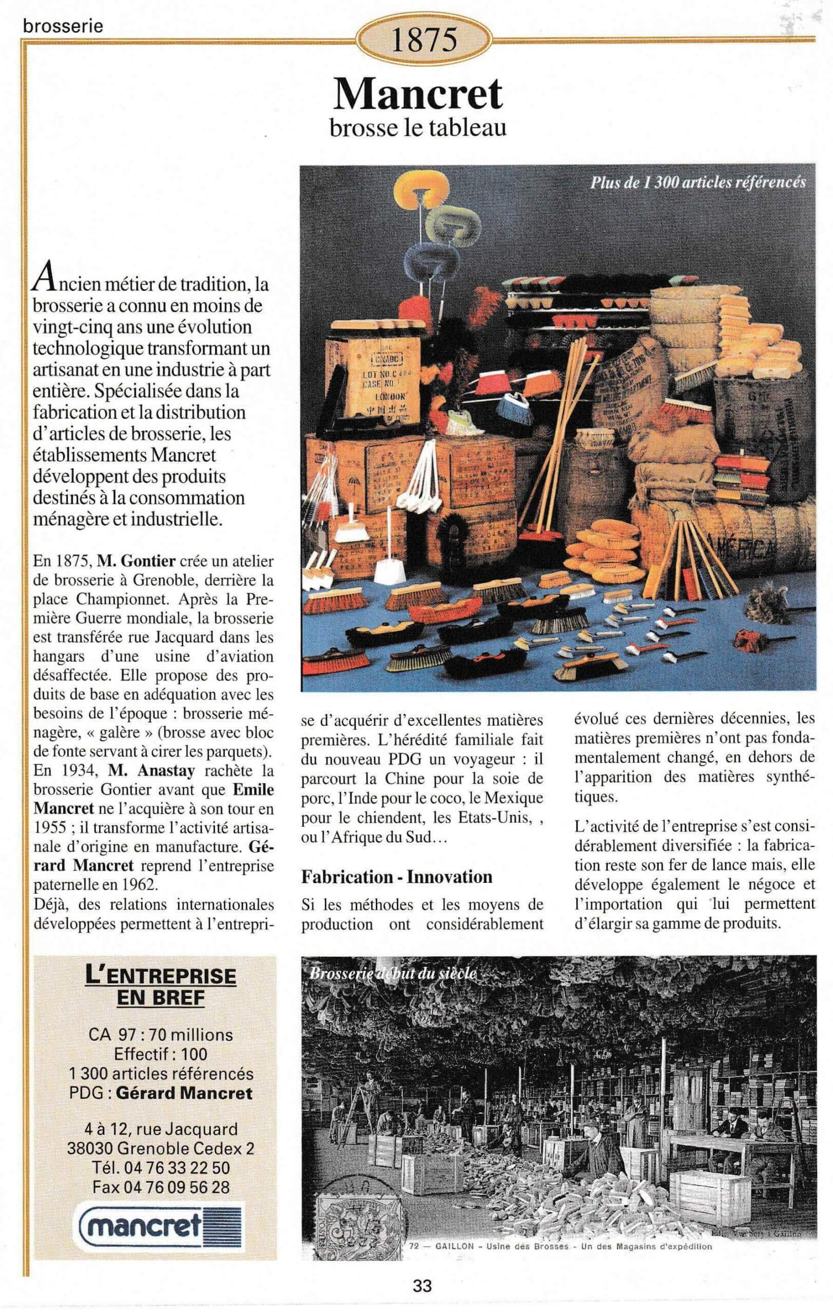 Mancret - fiche du supplément "Entreprises centenaires en Isère", publié par Les affiches de Grenoble et du Dauphiné, juin 1998.