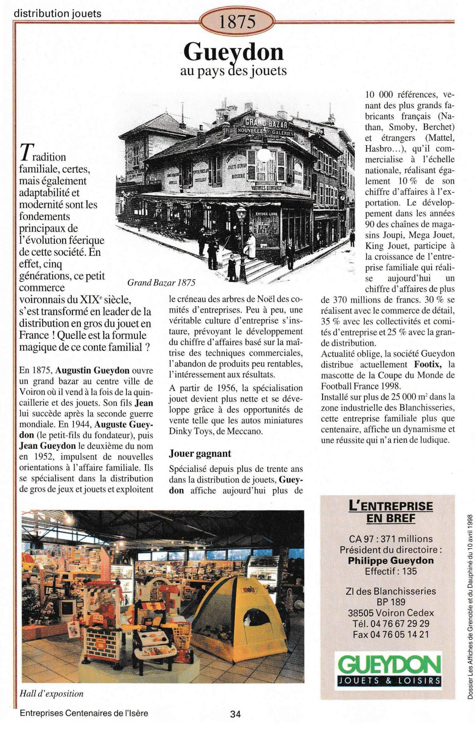 Gueydon - fiche du supplément "Entreprises centenaires en Isère", publié par Les affiches de Grenoble et du Dauphiné, juin 1998.