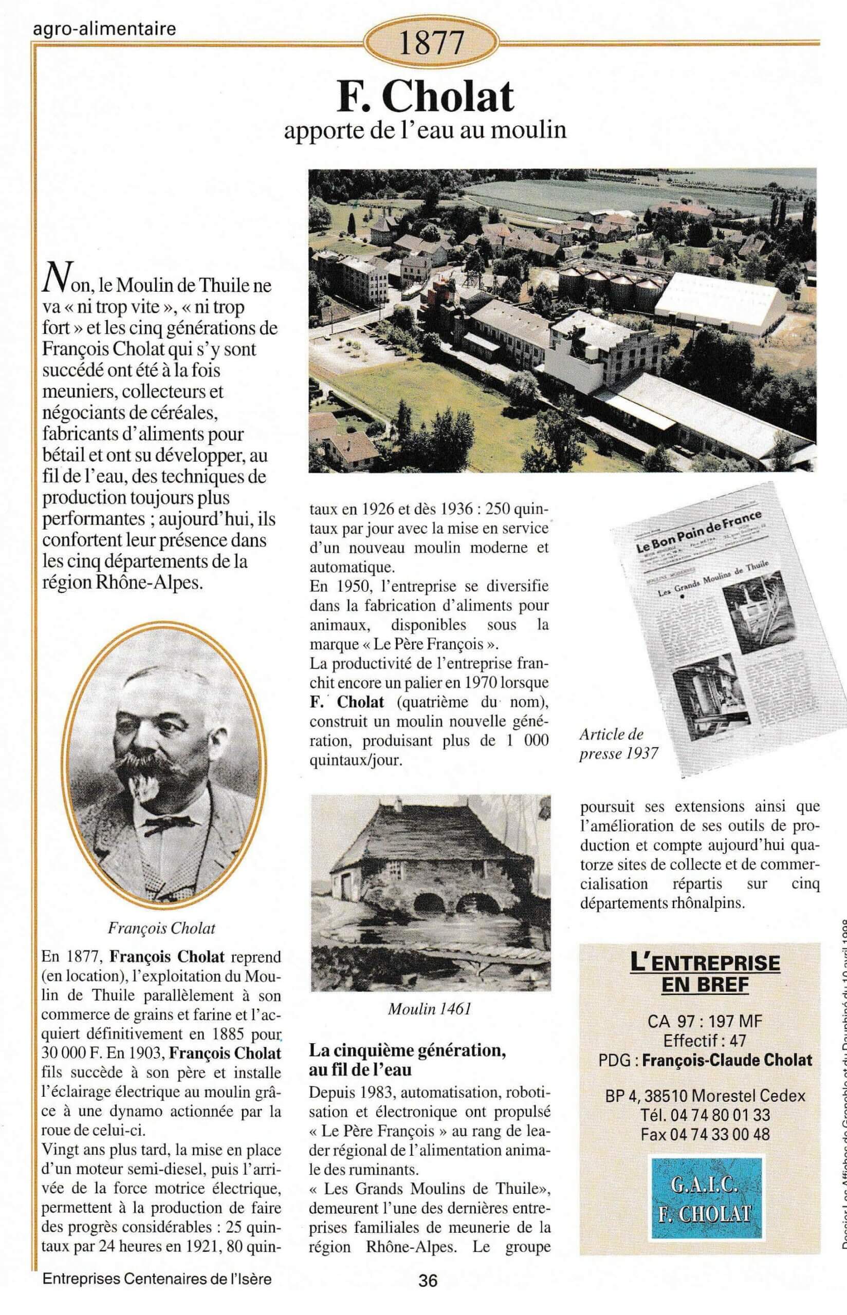 F. Chollat - fiche du supplément "Entreprises centenaires en Isère", publié par Les affiches de Grenoble et du Dauphiné, juin 1998.