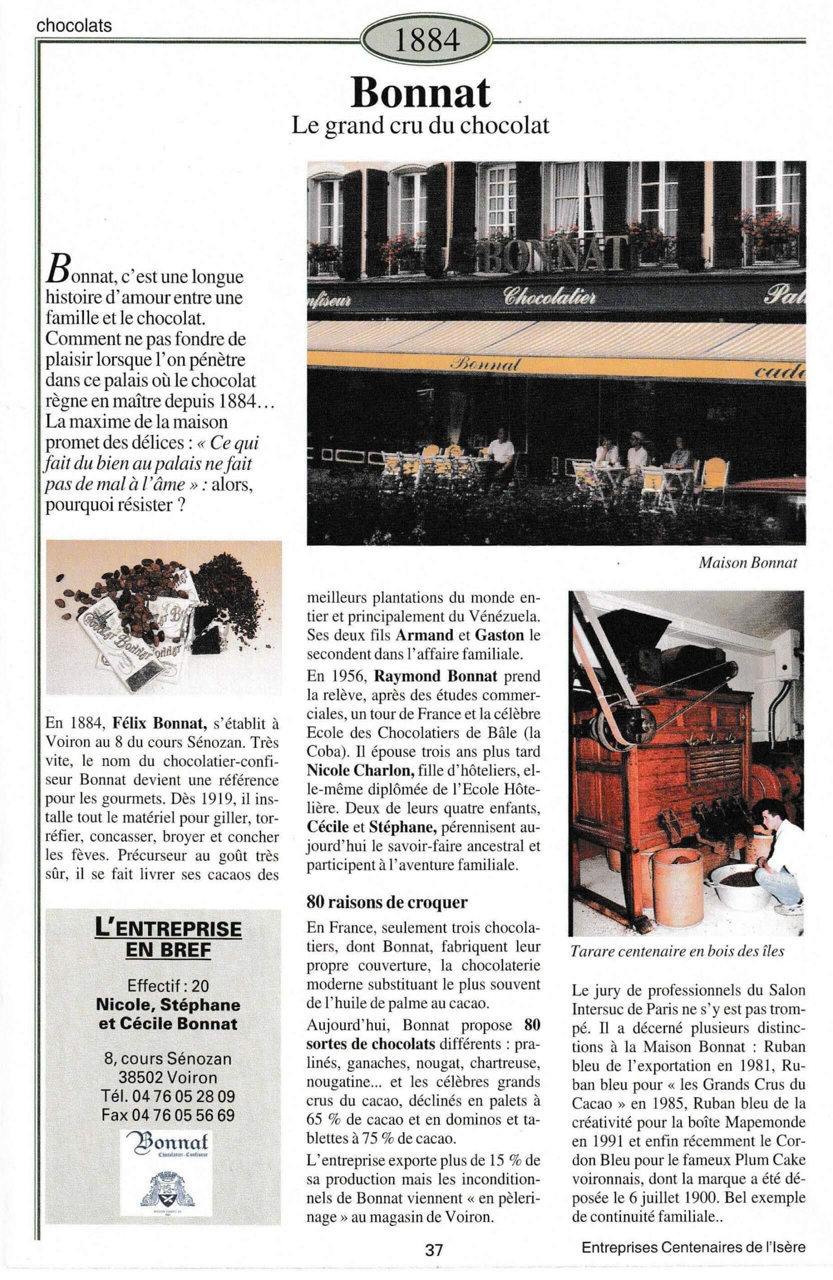 Bonnat - fiche du supplément "Entreprises centenaires en Isère", publié par Les affiches de Grenoble et du Dauphiné, juin 1998.