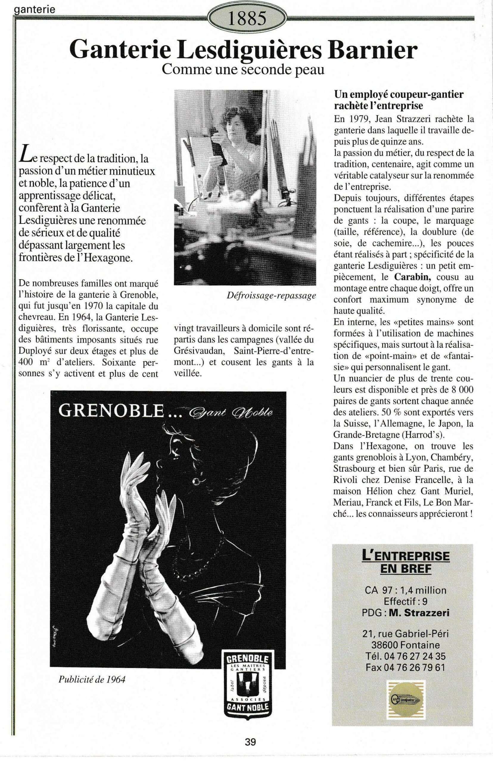 Ganterie Lesdiguières Barnier - fiche du supplément "Entreprises centenaires en Isère", publié par Les affiches de Grenoble et du Dauphiné, juin 1998.