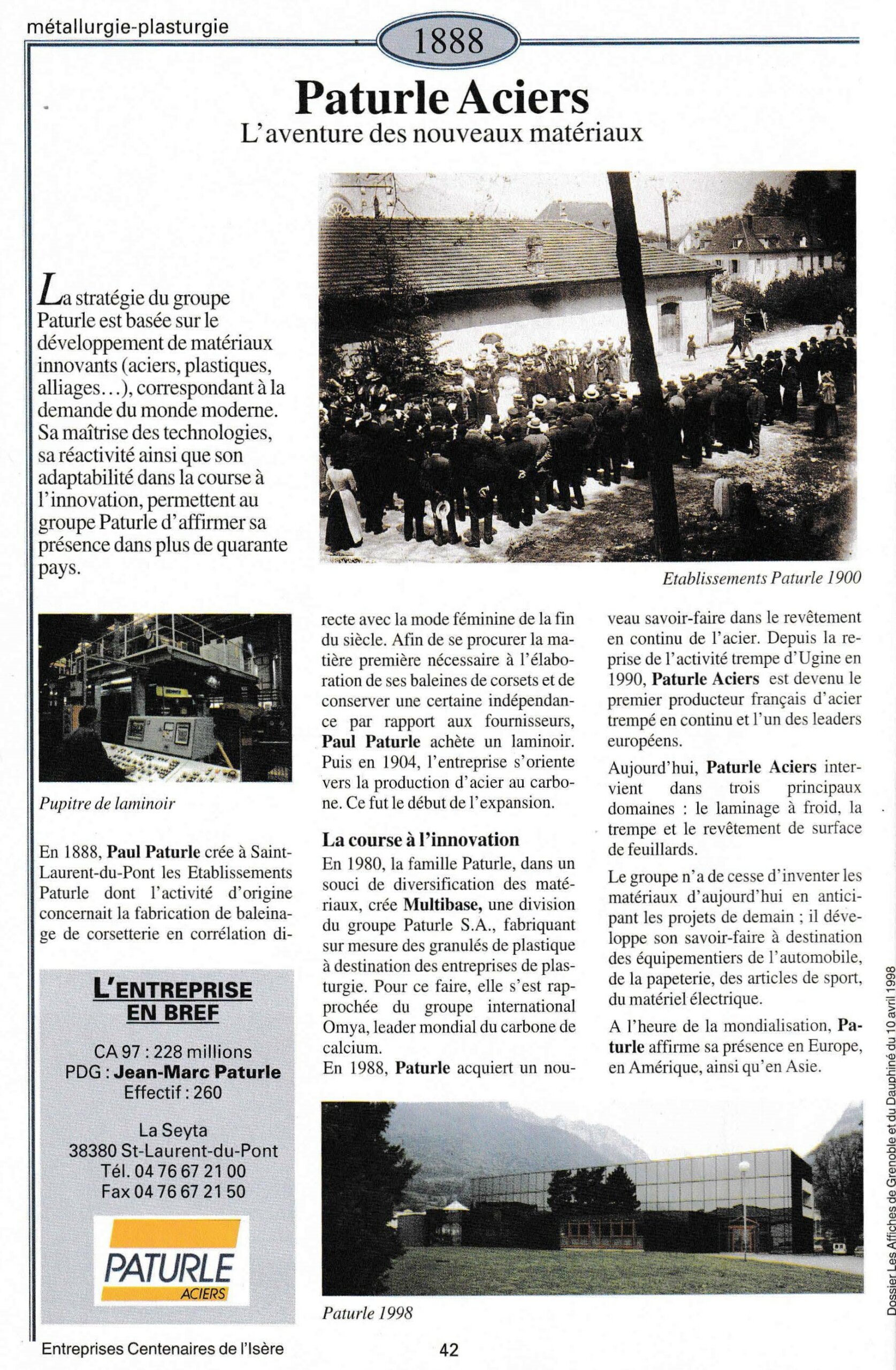 Paturle Aciers - fiche du supplément "Entreprises centenaires en Isère", publié par Les affiches de Grenoble et du Dauphiné, juin 1998.