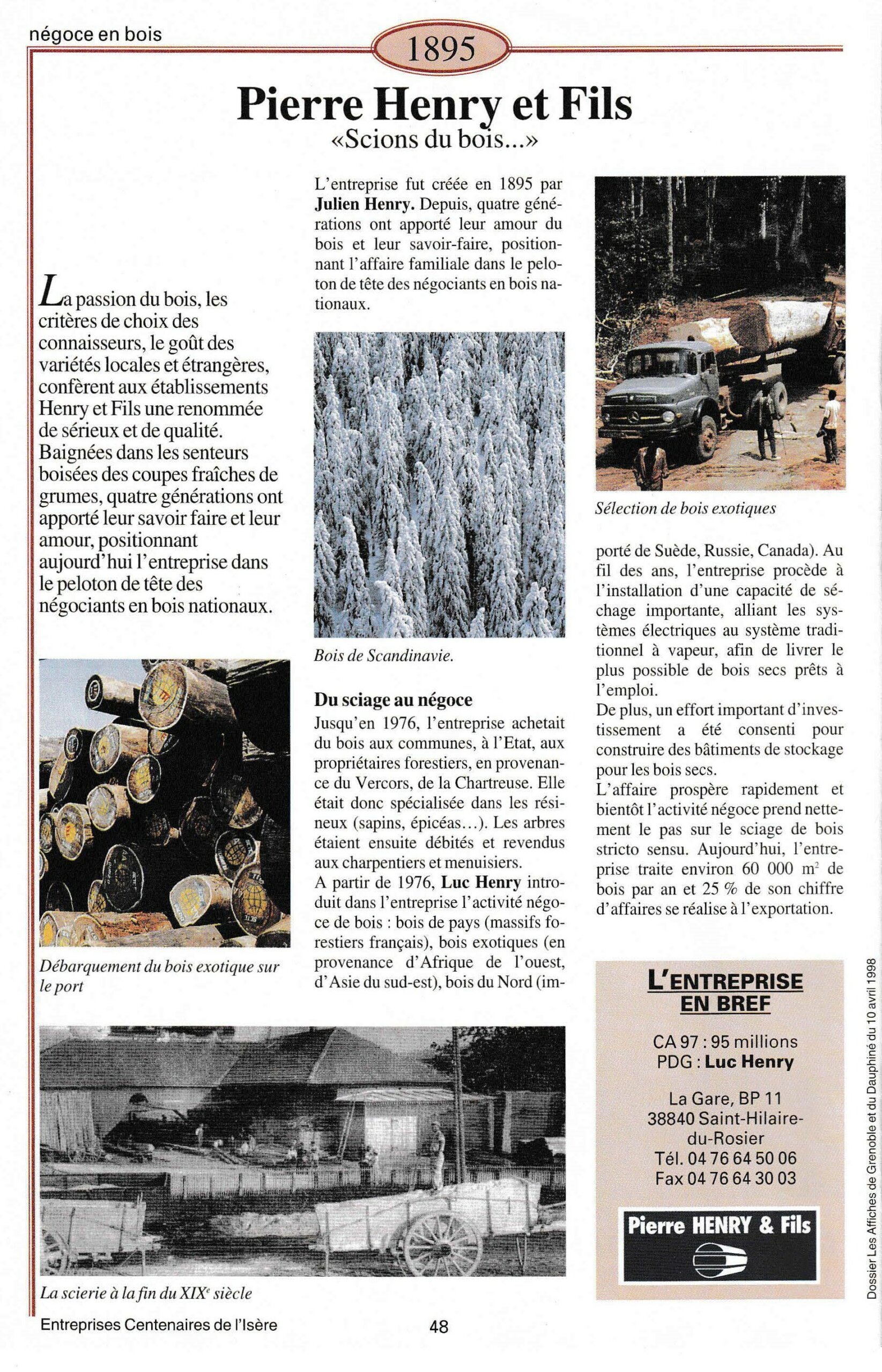 Pierre Henry et Fils - fiche du supplément "Entreprises centenaires en Isère", publié par Les affiches de Grenoble et du Dauphiné, juin 1998.