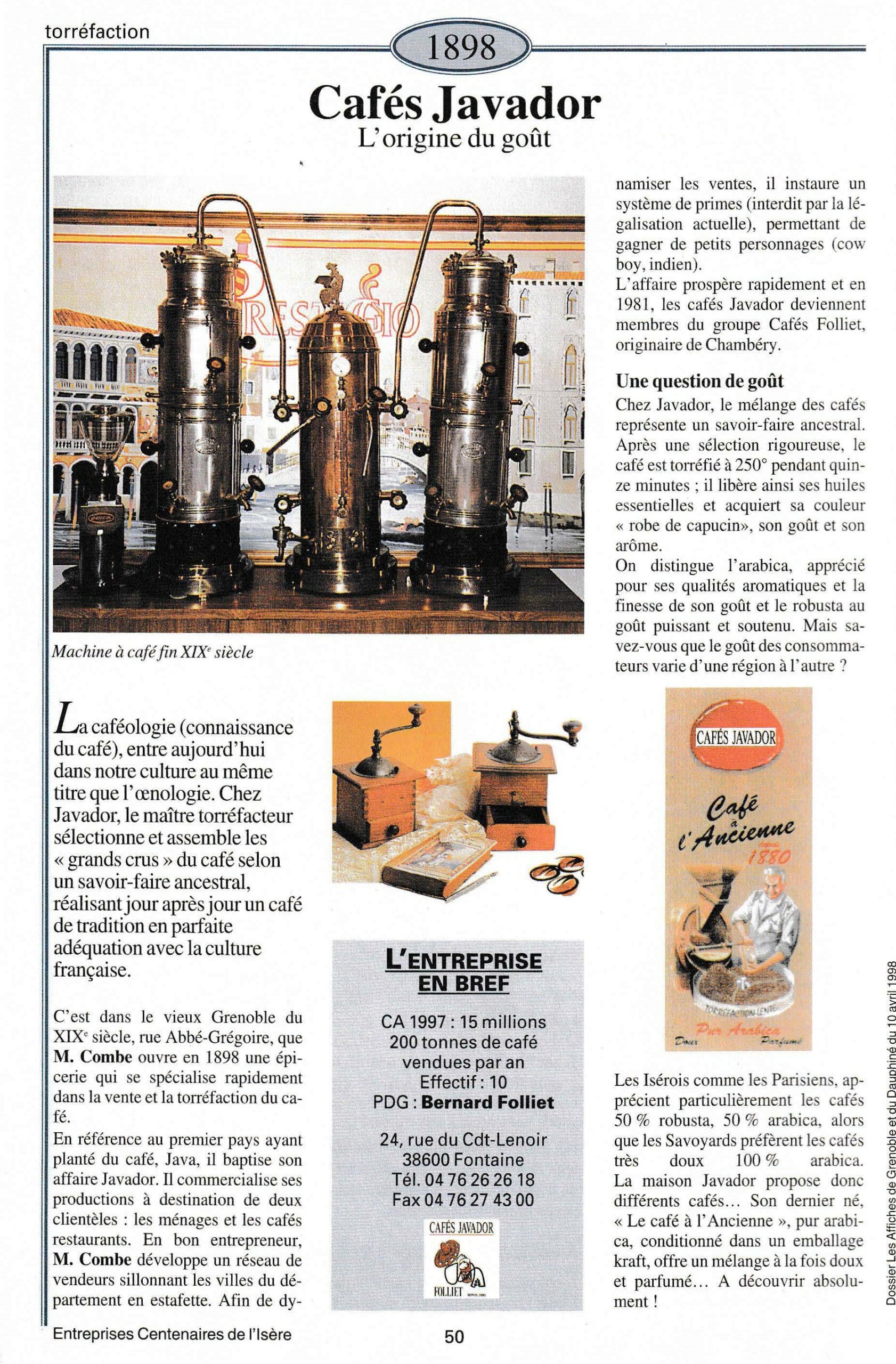 Cafés Javador - fiche du supplément "Entreprises centenaires en Isère", publié par Les affiches de Grenoble et du Dauphiné, juin 1998.
