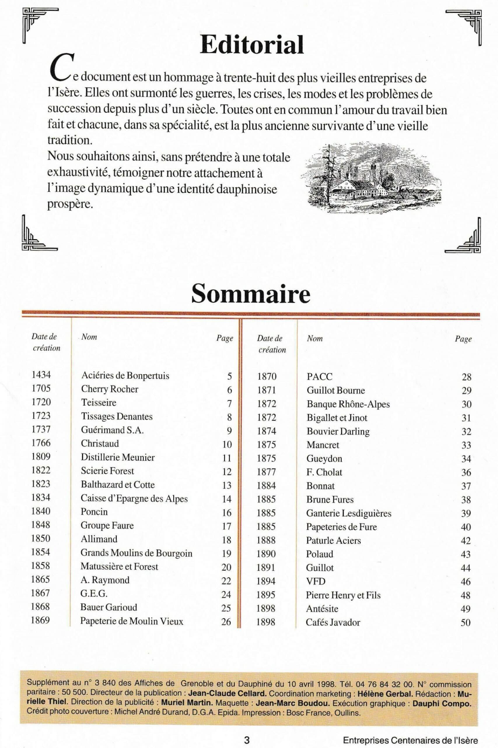 Sommaire du supplément "Entreprises centenaires en Isère" de la revue Les Affiches de Grenoble et du Daupniné, juin 1998